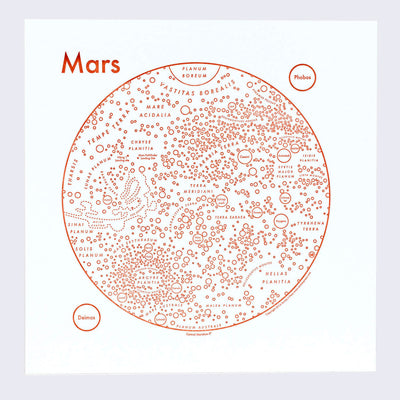 Orange letterpress on white paper of Mars, depicted abstractly as various circles and lines. Geographical elements are written across the planet, aligned in relation to their real location. "Mars" is written largely in the top left, with its moons, "Phobos" and "Deimos" in circles outside the planet.