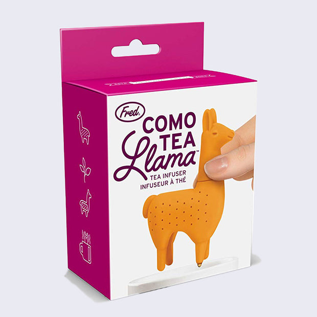 Product packaging for an orange llama shaped silicone tea infuser.