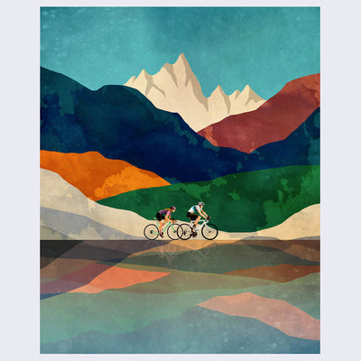 Color block style print of a multi color mountain scene, with two bicyclists riding through.