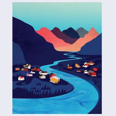 Color blocked style print of a mountain town, with many small slightly abstracted houses with a blue river flowing through.