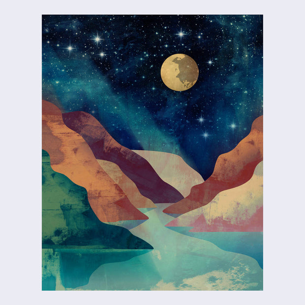 Illustration of a deep blue night sky with a yellow moon, above a series of orange and purple canyons leading into a light blue body of water.