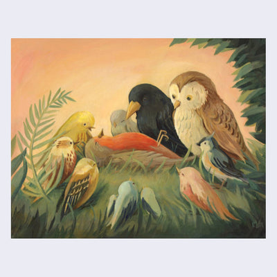 Illustration of a dead robin, laying face up in the grass. Several different birds stand around it, looking upon it.