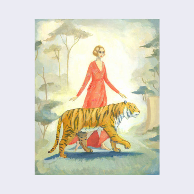 Illustration of a woman in a long sleeve red dress, walking barefoot alongside of a tiger. They walk through a sparse forest.