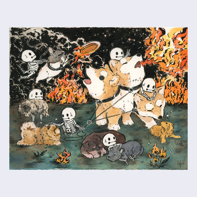 Watercolor illustration of a 3 headed shiba inu, blowing fire out its mouth. Other dogs lay around it with several skeletons interacting with them. Fire and smoke burn in the background.