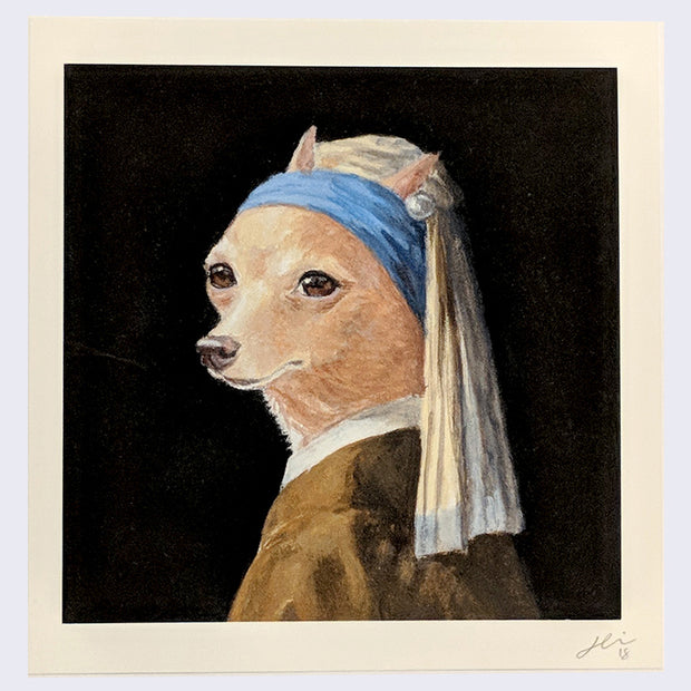 A Chihuahua is dressed in a brown shirt, blue headscarf and a pearl earring. The background is black and the piece resembles the famous painting, "Girl with a Pearl Earring"