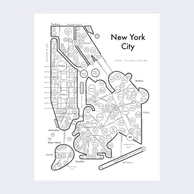 Black letterpress on white paper of New York City, depicted abstractly as various circles, lines and abstract shapes. Neighborhood names are inside of circles, aligned in relation to their real location, and connected by street names. "New York City" is written largely in the upper right corner.