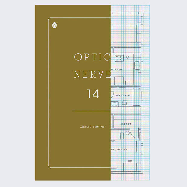 Cover for issue #14 of "Optic Nerve" comic, featuring a half cover of simple tan journal and the other part of the cover showing gridded paper with house floor plans.