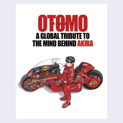 Book cover featuring Akira from the famous manga and film, standing in his red leather outfit next to his stickered motorbike. 