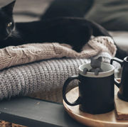 A black cat sits on a pile of sweaters and looks at a sleek black and white mug with the Purr Tea tea infuser inside of it.