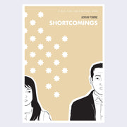 Tan colored cover of Shortcomings, with white petal patterns. 2 black and white illustrated people are in the bottom, each only half visible. One woman and one man.