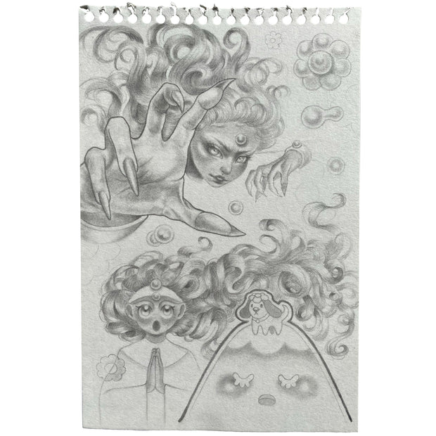 Graphite sketch on a piece of paper of a woman extending a hand out over a praying cartoon girl with long wavy hair.