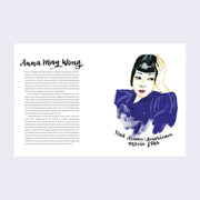 Page example featuring black cursive text that reads "Anna May Wong" with a long written excerpt about her, next to a stylized illustration of her.