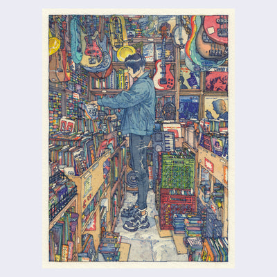 Detailed illustration of someone standing in a visually busy record store, with crates and stands of hundreds of records all around. Different styled guitars hang from the ceiling overhead.