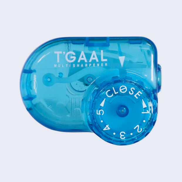 Clear blue pencil sharpener with a dial of 5 settings for varying sharpnesses.