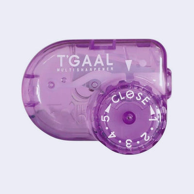 Clear purple pencil sharpener with a dial of 5 settings for varying sharpnesses.