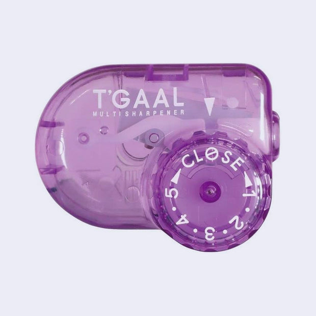 Clear purple pencil sharpener with a dial of 5 settings for varying sharpnesses.