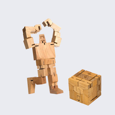 Wooden robot made out of many geometric shapes, standing in a celebratory stance. Next to it is the same robot, perfectly within a cube.