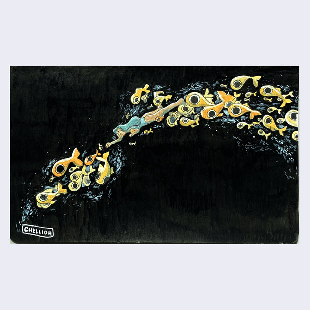 Watercolor painting on black paper of a blue haired girl swimming in a uniform curved line with many orange and yellow fish.