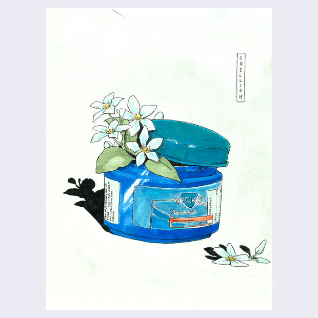 Watercolor painting of a open jar of Vicks Vaporub, with white flowers popping out of the container.