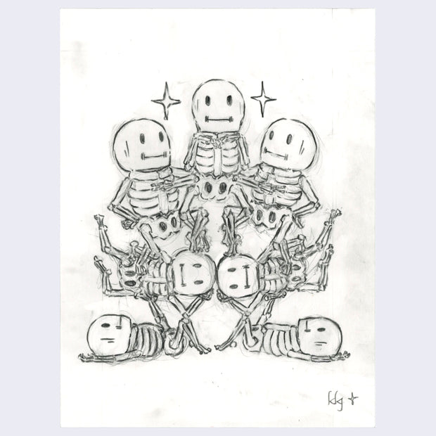 Graphite drawing of 7 cartoon skeletons, stacked atop of each other in a cheerleader esque configuration. 