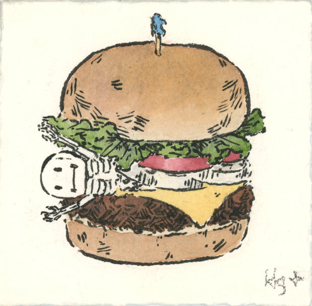 Simple colored illustration of a burger with a blue topped toothpick in the center and a white cartoon skeleton sandwiched in the middle of the buns.