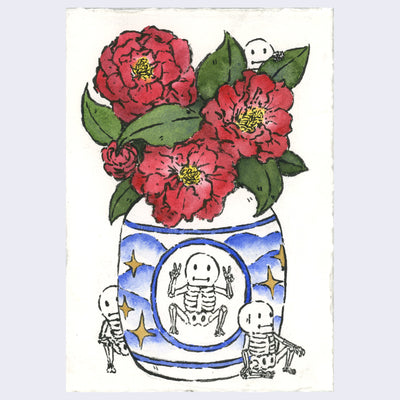 Illustration of a white and blue vase holding many red camellia flowers. 4 small cartoon skeletons are scattered around the vase and flowers. 