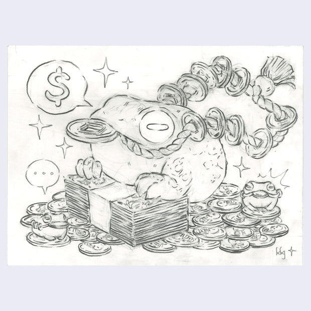 Graphite drawing of a large frog with a coin in its mouth, positioned over a stack of dollar bills and coins.