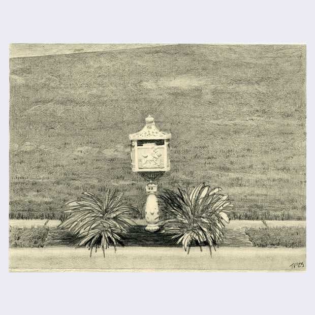 Finely rendered pencil drawing on cream paper of an ornate white mailbox with two spikey plants nearby. Behind is a grass lawn.