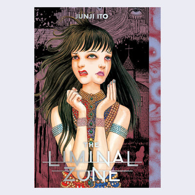 "The Liminal Zone" book cover. Illustration of a two faced woman, one angry and one crying, wearing a jeweled outfit with a variety of line illustrations behind her.