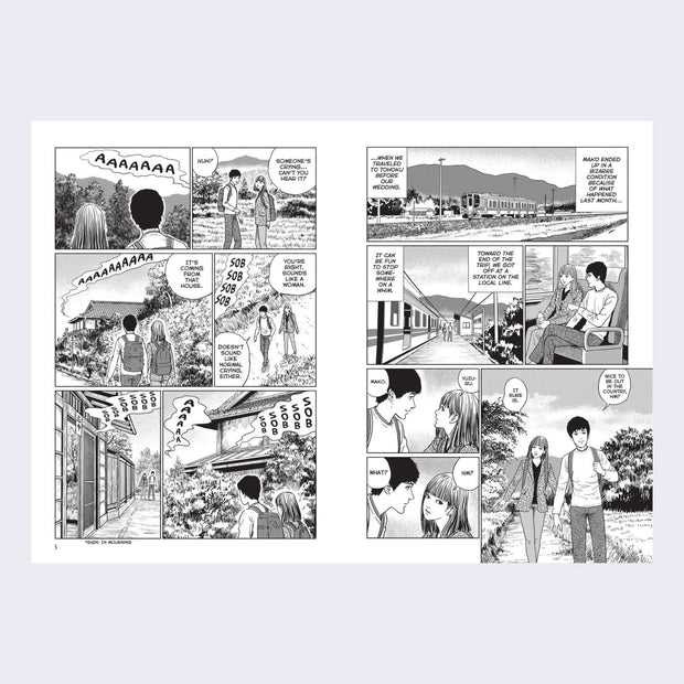 Open book spread of two black and white pages of a graphic novel. Various illustrated panels with story text to accompany.