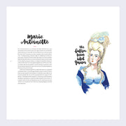 Page example featuring black cursive text that reads "Marie Antoinette" with a long written excerpt about her, next to a stylized illustration of her.