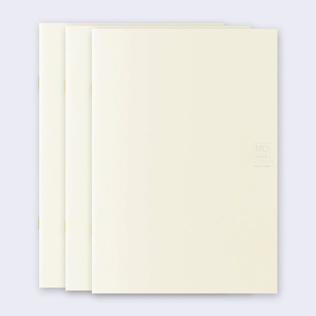 3 cream colored blank notebooks, stacked up on one another.