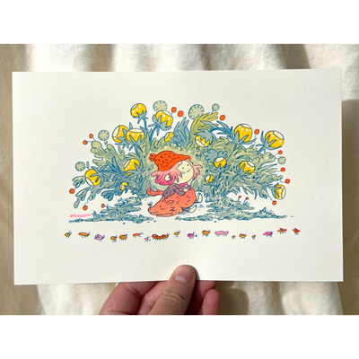 Illustration of a small pink haired girl with a red knit beanie hat, sitting on the ground with a dog wrapped around her lap. Behind her is a field of large yellow flowers and various greenery.