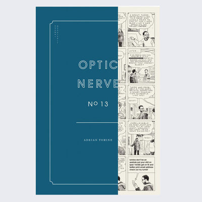 Cover for issue #13 of "Optic Nerve" comic, featuring a half cover of simple blue journal and the other part of the cover showing dense black and white comic panels.