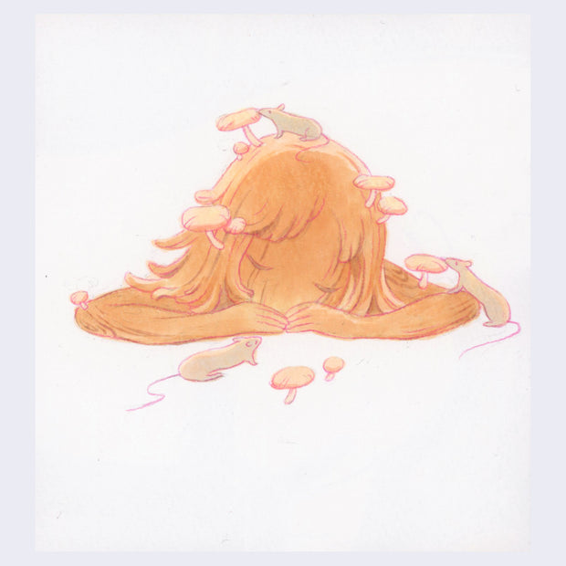 Marker illustration of a girl made out of wood, sleeping and resting her arms flat on a surface. Pink mushrooms grown out of her and 3 mice surround her.