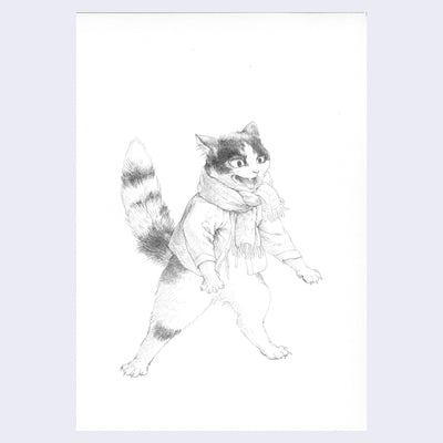 Pencil illustration of a tuxedo cat, standing on 2 legs like a human. It wears a scarf and a jacket.