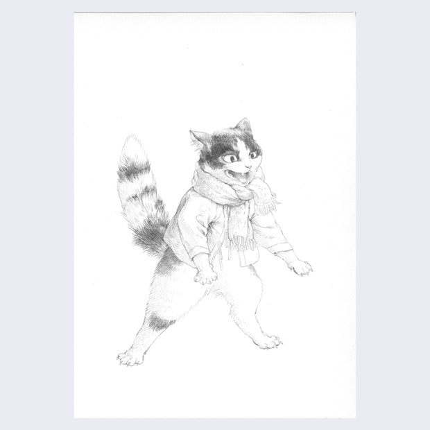 Pencil illustration of a tuxedo cat, standing on 2 legs like a human. It wears a scarf and a jacket.