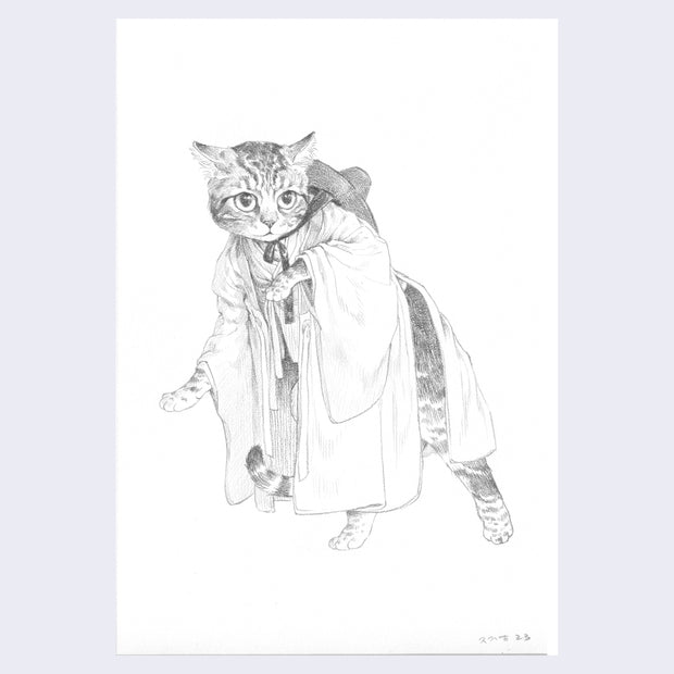 Pencil illustration of a striped cat, standing up on 2 legs like a human and sneaking around. It wears a white robe with a hat tied around its neck.