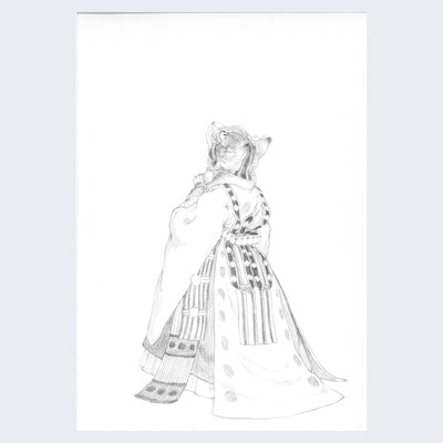 Pencil illustration of a cat, standing up on 2 legs like a human and facing away from the viewer. It wears an elaborate robe.