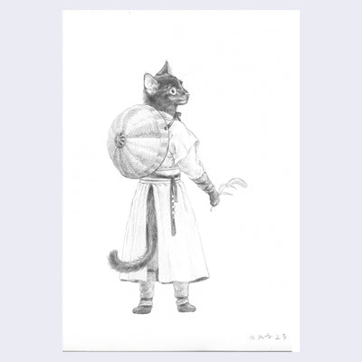 Pencil illustration of a black cat, standing up on 2 legs like a human and looking over their shoulder. They wear a robe, have a conical hat hanging from their neck and hold a willow leaf.