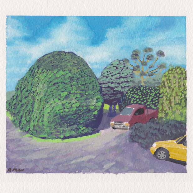 Plein air painting of a driveway with a very large, rounded bush. A truck is parked near other large bushes.