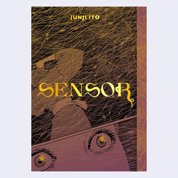 Book cover, primarily mauve and gold with black of a woman in a tied robe covering her face with many wisps flying around her. Below is a wide open pair of eyes. 