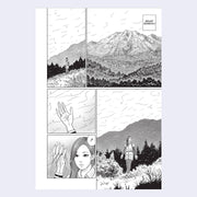 Page excerpt, featuring a 5 panel series of illustration of an open mountain scene with long wisps flying around, some getting caught on a woman's hand. 