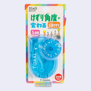 Clear blue pencil sharpener with a dial of 5 settings for varying sharpnesses. Encased in product packaging with Japanese writing on it.