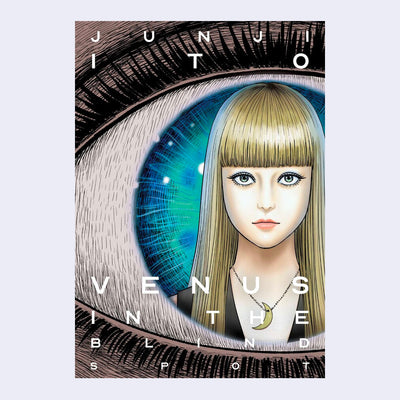 Book cover, featuring a blonde woman with bangs seen only from the neck up. She is in the center of a large blue eyeball. Title text surrounds the image.