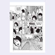 Page excerpt, featuring 6 panel illustrations of a person walking down a street and running into a group of people circled around something, all looking fearful. Story text accompanies.