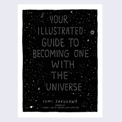 Book cover, black starry sky pattern with a white border and title written in dots, like stars, down the middle.