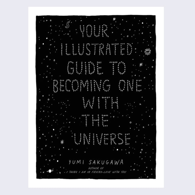 Book cover, black starry sky pattern with a white border and title written in dots, like stars, down the middle.